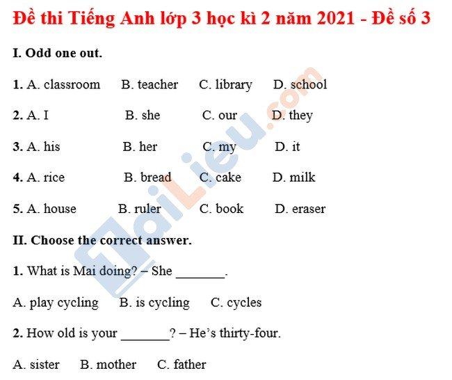Đề thi HK 2 môn Anh lớp 3 năm 2021 - Đề số 3-1
